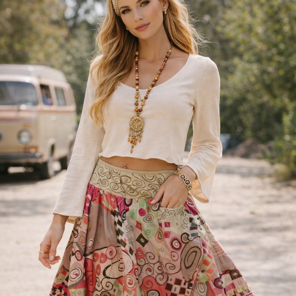 New 70’s Sunset Boho Layered Skirt – Pink & Neutral Retro Print